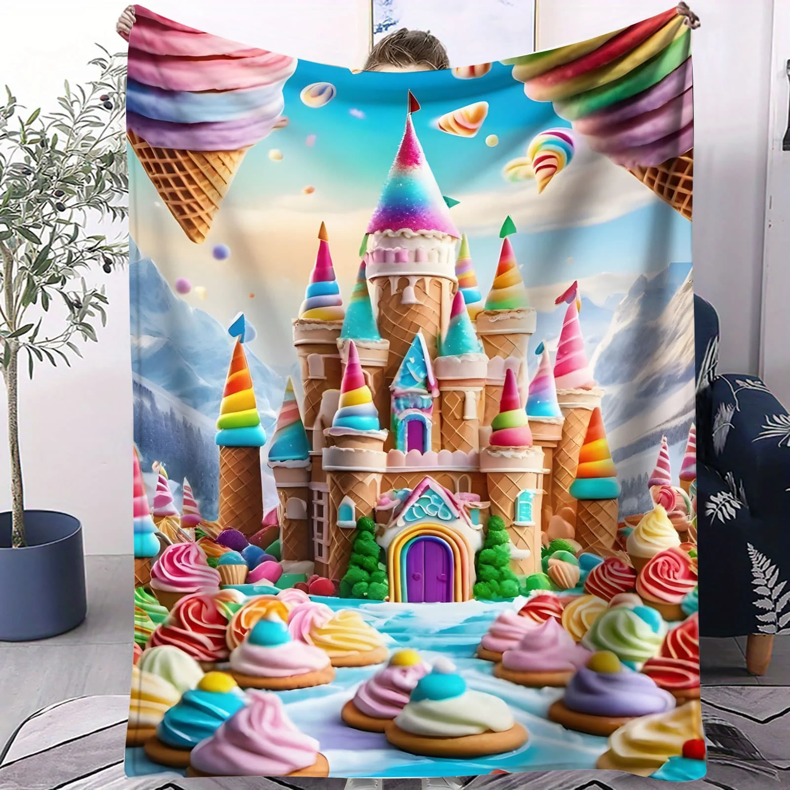 Manta polar con diseño de castillo de caramelo y casa mágica helada, color azul y morado, suave, con temática caprichosa, para decoración de sala de estar