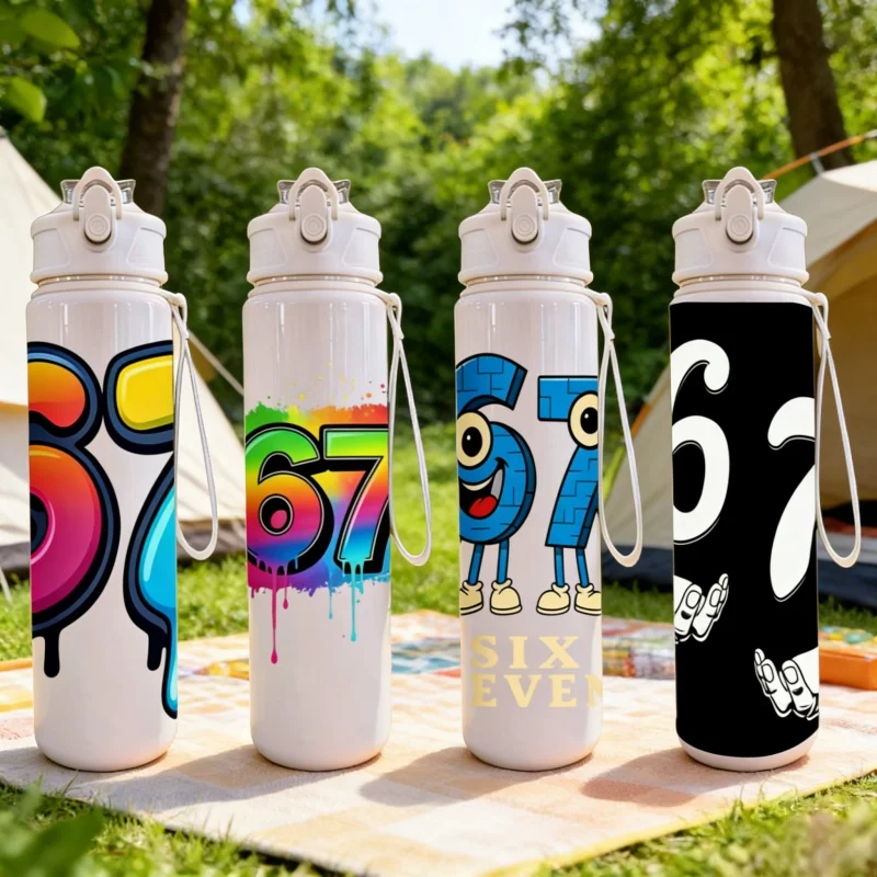 

Бутылка для воды с 3D-печатью, крышкой с нажимным верхом, милым номером 67, каплевидным дизайном - герметичная сверхпрочная пластиковая бутылка, подходящая для спортзала