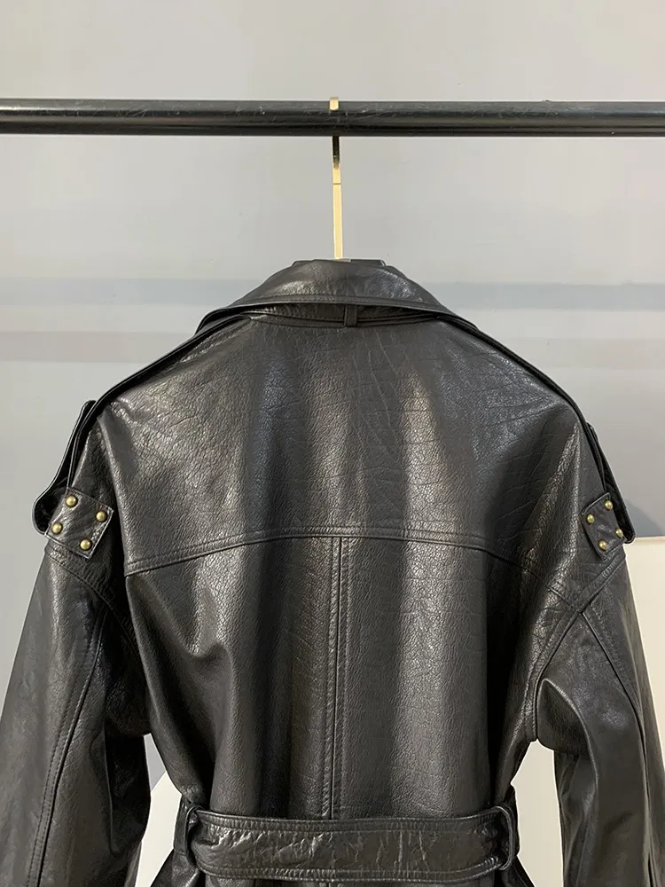 Concise Style Lapel Genuine Leather Belt Button Trench Jacket Solid Color Long Sleeves Cowhide Slim Ladies Fashion Outerwear