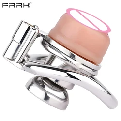 FRRK Hex Lock Metal Chastity Cage with Detachable Silicone Pussy Urethral Cock Lock Device Intimate Male Urination Sex Toys