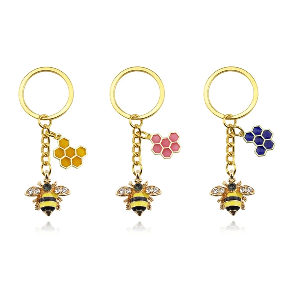 1Pc Cute Women Hexagon Honeycomb Drip Oil Rhinestone Bee Keychain Couple Insect Key Ring Bag Ornament Accessories