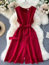 Summer Women's Jumpsuit Commuter Pure Color Sleeveless Jumpsuit Women's New Simple Pure Color Wide Leg Short Jumpsuit LL033