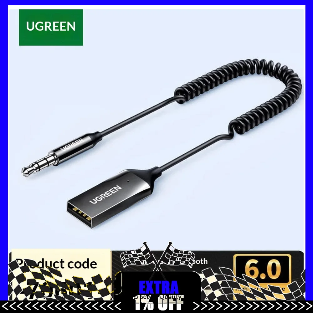 UGREEN CM309 70601 Bluetooth 6.0 Car Audio Receiver 3.5mm AUX Adapter with 1.5m Retractable Cable