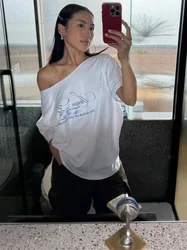 Oversized T-shirt Women Coquette Tshirt Summer Short Sleeve Letter Print Sexy White Off Shoulder Tees Tops 2024 Korean Style