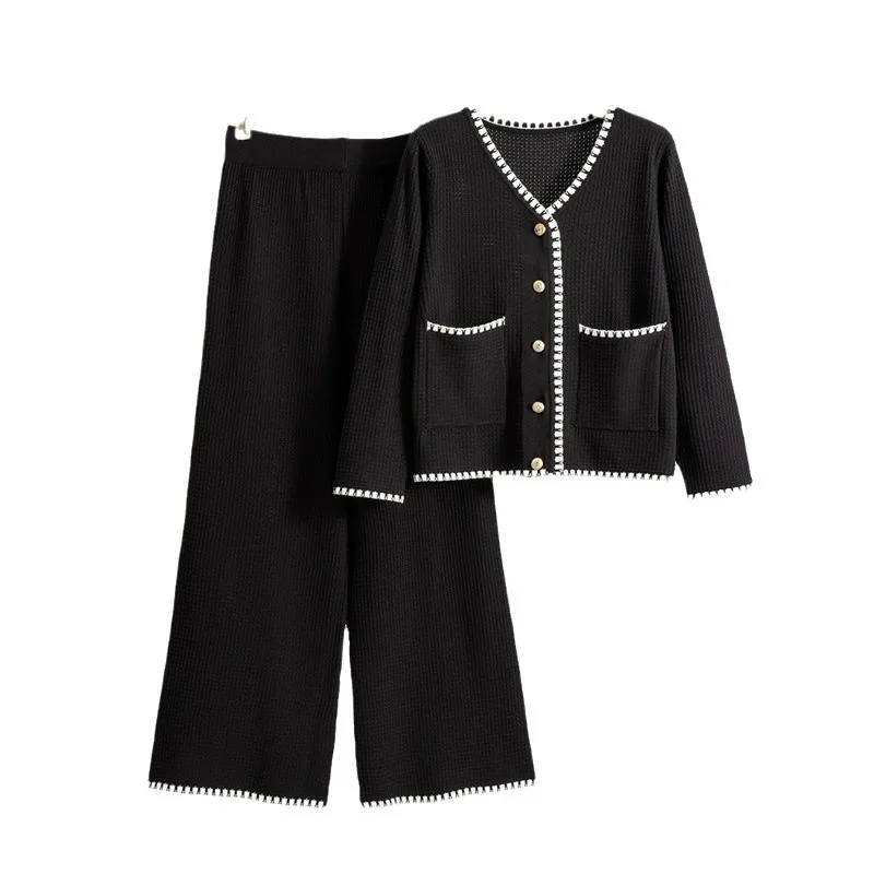 2-teiliges Set, muslimische Strick-Outfits, Damen-Strickjacke, Pullover, Knöpfe, Taschen, gestrickt, weites Bein, Hosenanzug, lässige Strickwaren, Herbst 2025