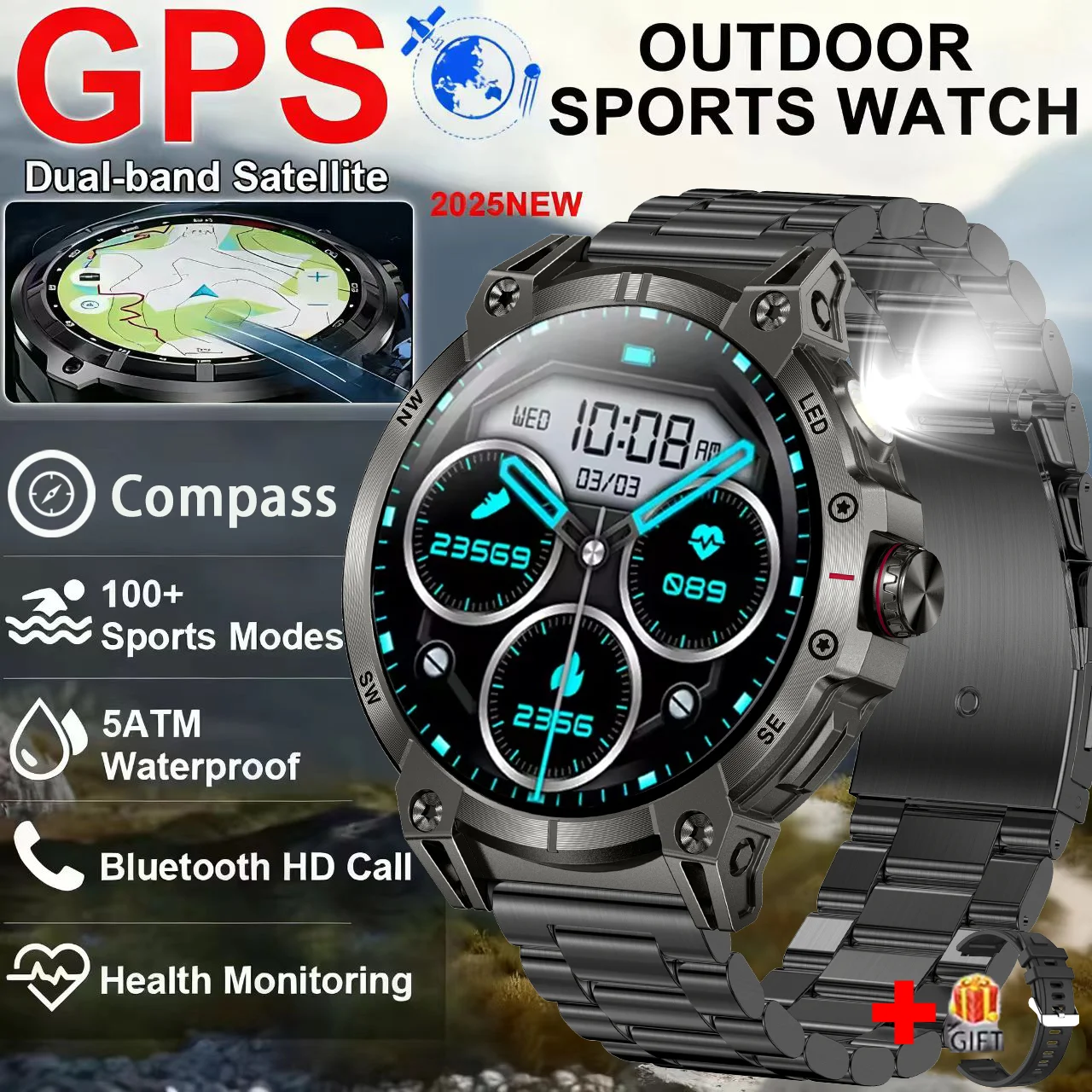 

Military smartwatch men,760mAh Bluetooth call,LEDflashlight,compass,1.85HD Large screen,heart rate.blood pressure,IP68waterproof