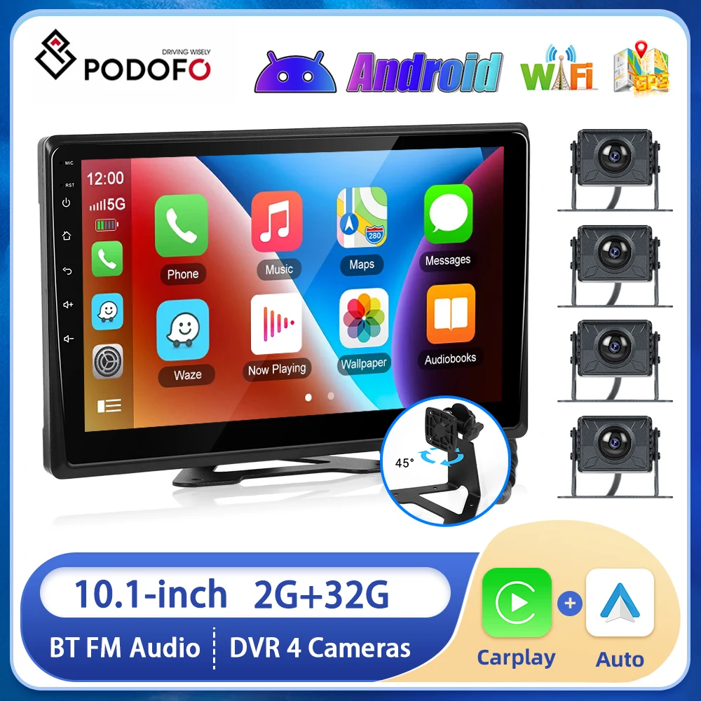 

Podofo 10.1inch Smart Screen Player with 1080P DVR 4 Cameras Android13 2+32G Carplay Android auto Monitor suitable for Truck Bus