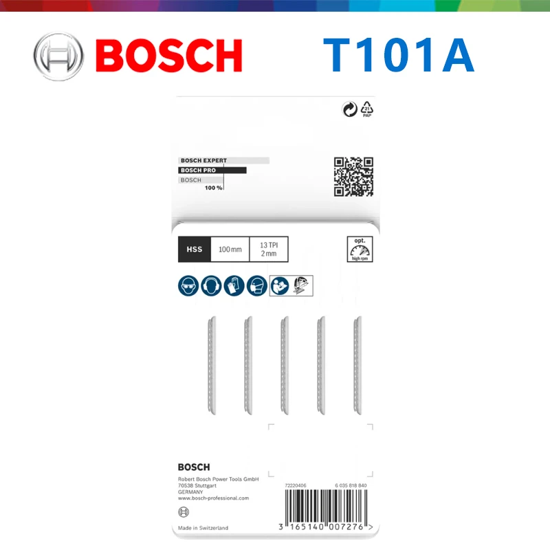 Original Bosch T101A Jigsaw Blade 2608631010, T-shank HSS Saw Blade for Acrylic Polycarbonate Plastic Clean Cutting 2-20mm