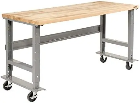 [Helong Store]Global Industrial Mobile Adjustable Height C-Channel Leg Workbench, Maple Butcher Block Square Edge, 48"Wx30"D, Gr
