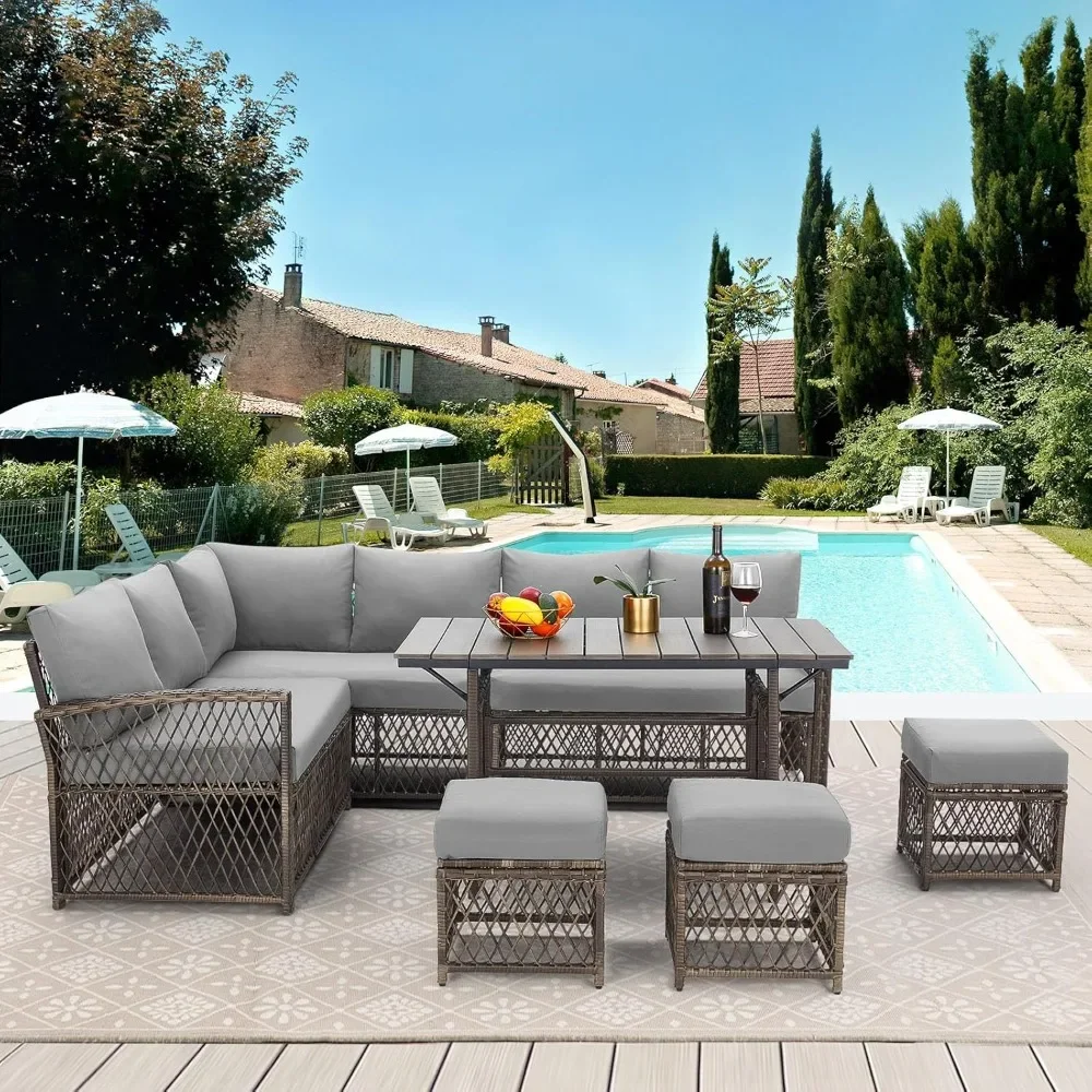 7 Piece Outdoor Wicker Sectional Sofa Set, All Weather PE Rattan with High Table and Chairs Conversation Dining Set with Ottoman