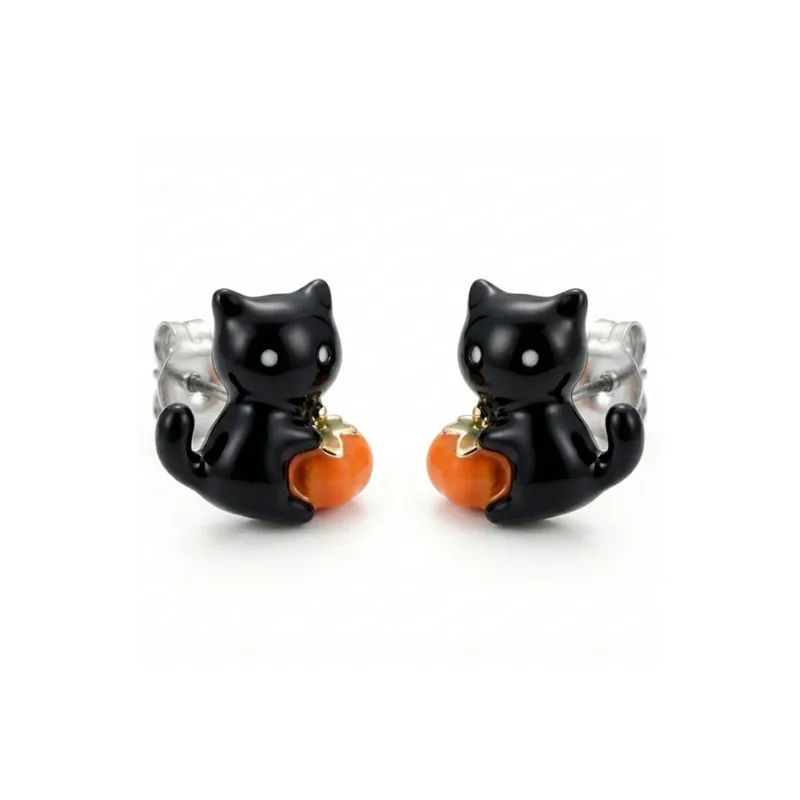 

Black Cat Stud Earrings Copper Alloy Resin Hypoallergenic Tarnish Free Pumpkin Animal Halloween Jewelry For Women Murmur