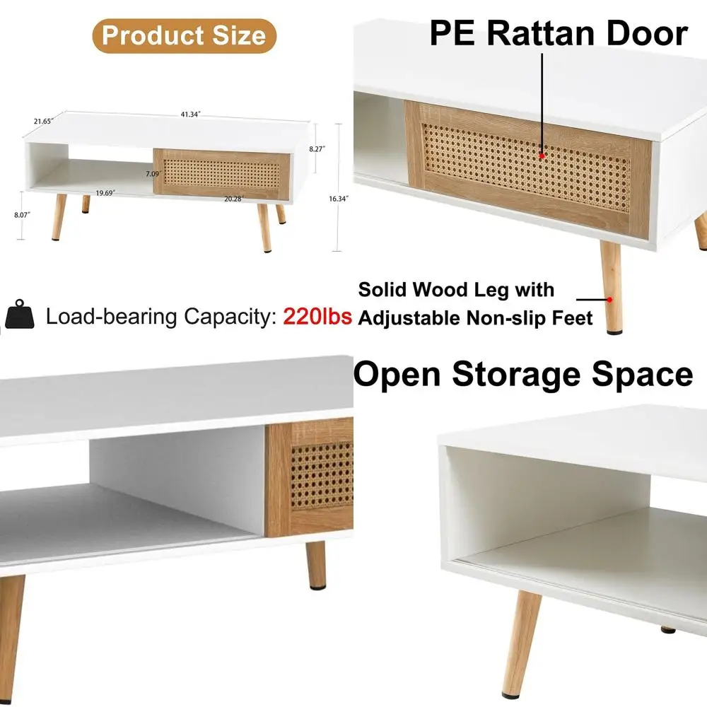 

Rectangular Mid-Century Modern Coffee Table with Storage, 41.3 Wooden Accent Table featuring Sliding Rattan Door Panel, Ideal fo