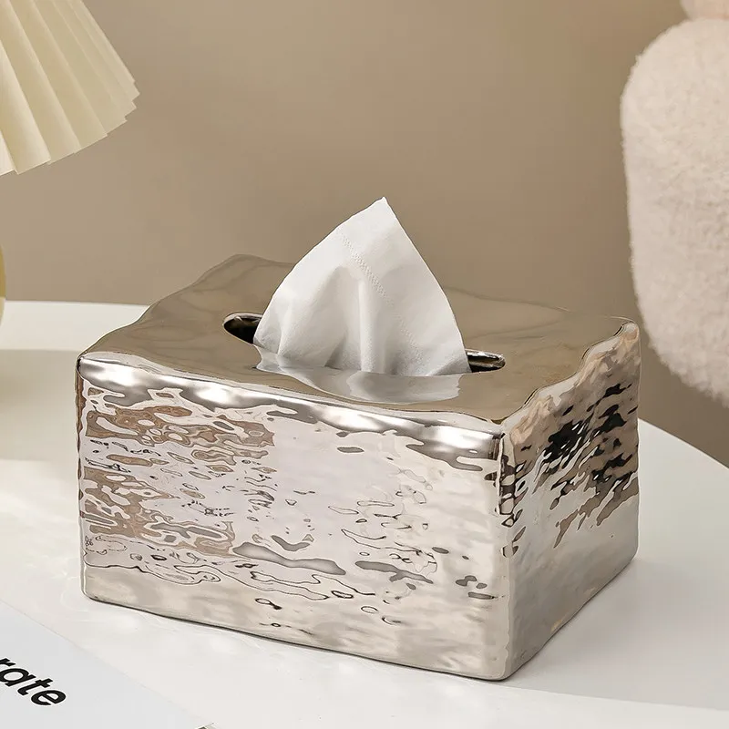 Creative Water Ripple Ceramic Tissue Box Living Room Pull-Out Tissue Box Electroplated Silver Napkin Holder Dining Table Decor
