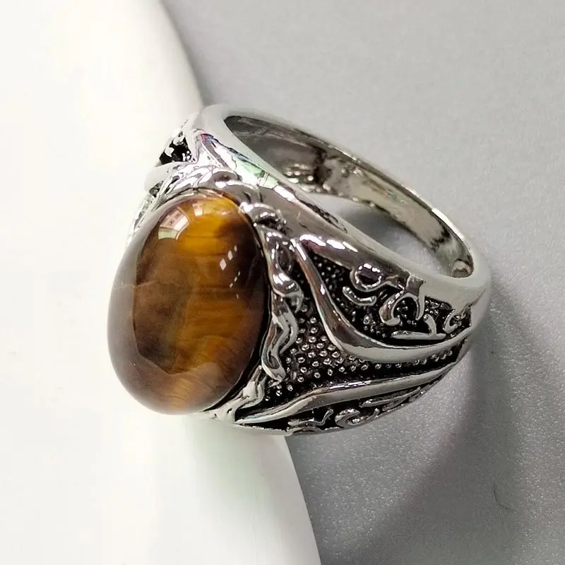Fashion Yellow Tiger Eye Stone Braided Stripe Ring, Trendy Men's Vintage Finger Ring