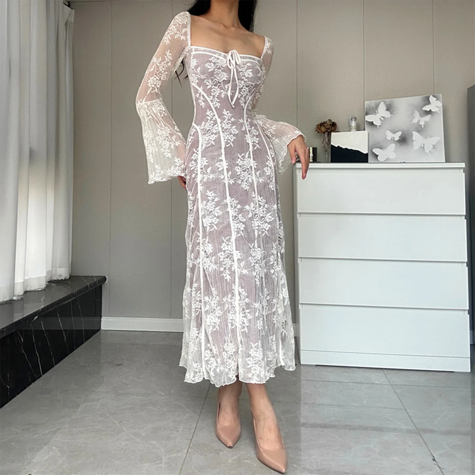 

Women Elegant Lace Long Dress Long Sleeve Square Neck Flower Tie-up Fall Ladies Fashion Swing Dress