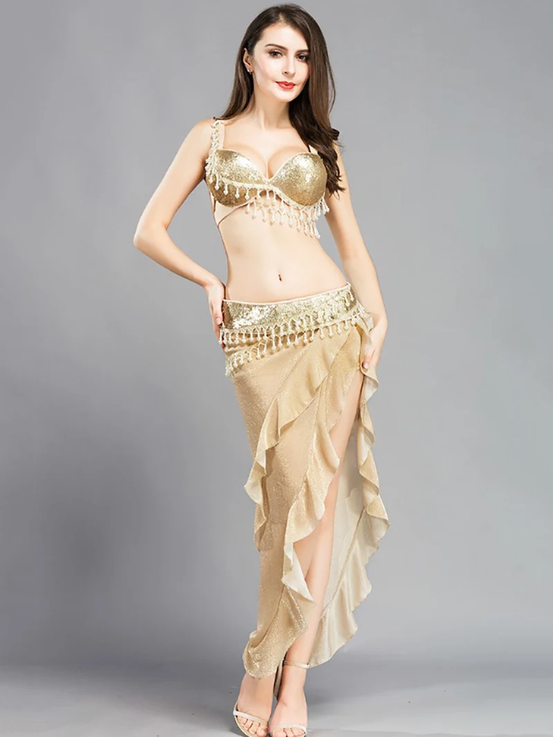 Disfraz de danza del vientre dorado para mujer, traje de práctica de diamante Flash de malla, traje de baile oriental, ropa de baile de Grupo de Práctica de fiesta clásica