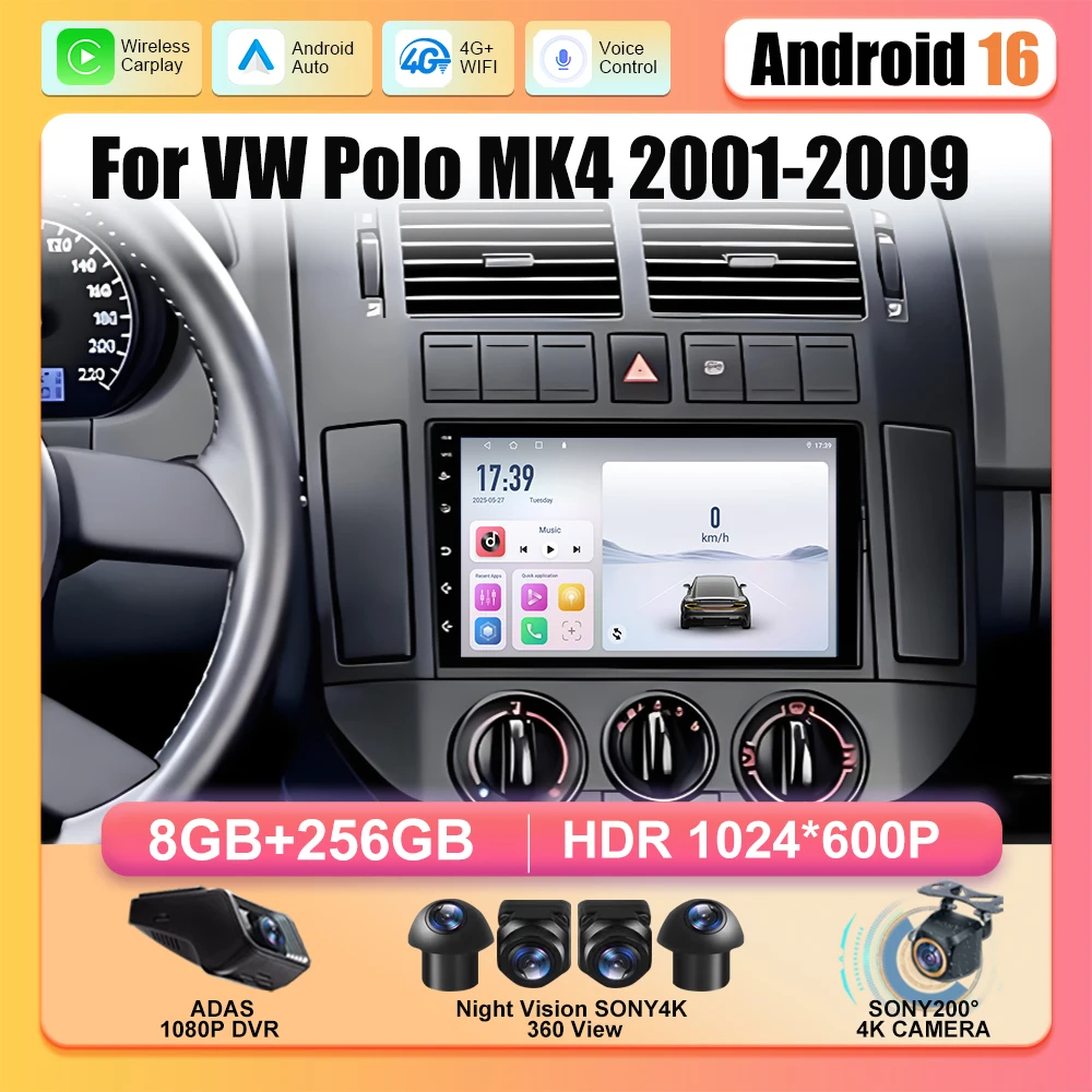 2 din Car Multimedia Video CarPlay For VW Polo MK4 2001 2002 2003 2004 2005 2006 2007-2009 Android Auto 4G+Wifi GPS Navigation