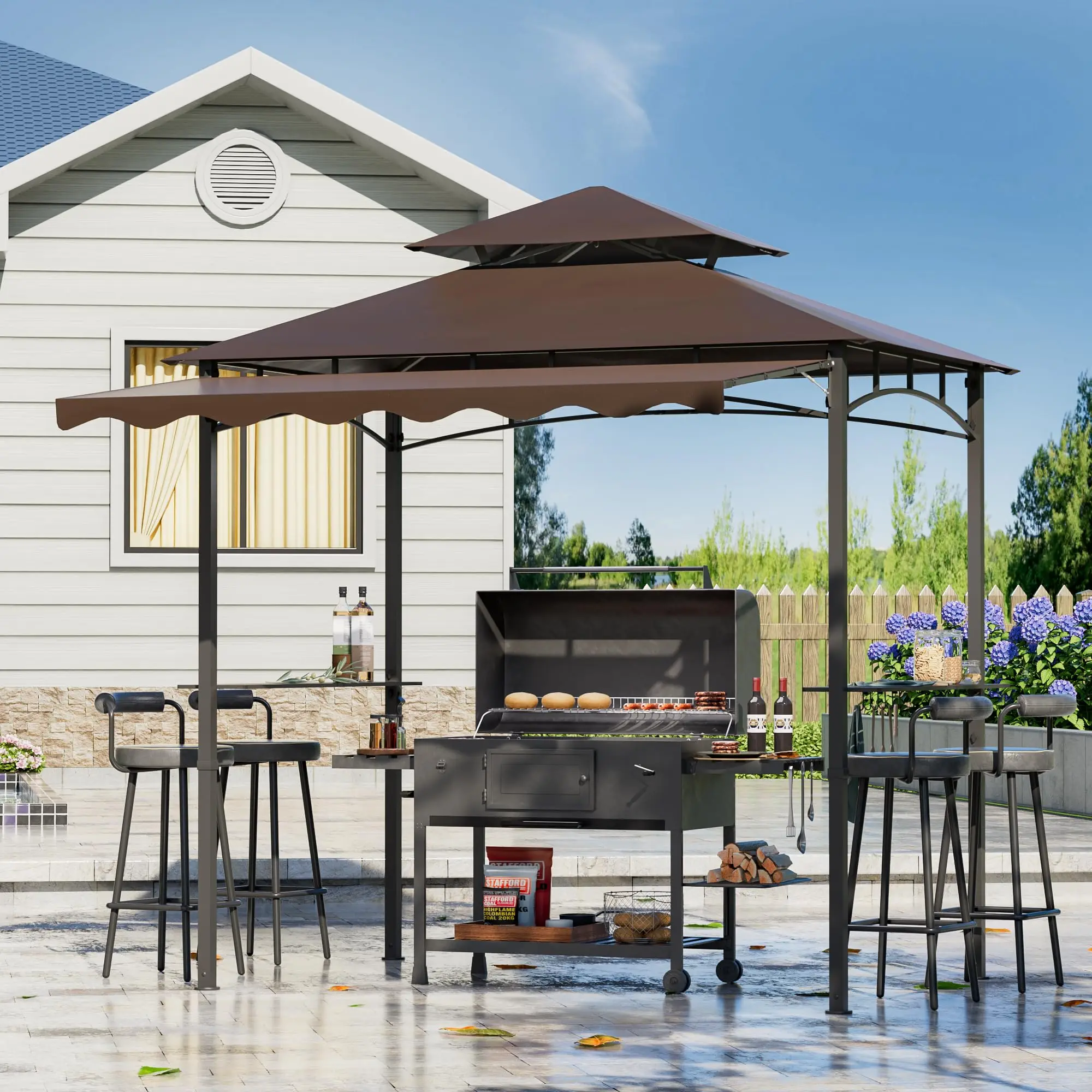 patio 8x8 Ft Outdoor Grill Gazebo, BBQ Gazebo with Extra Adjustable , Patio 2-Tier Grill with 2 Shelves 6 Hooks
