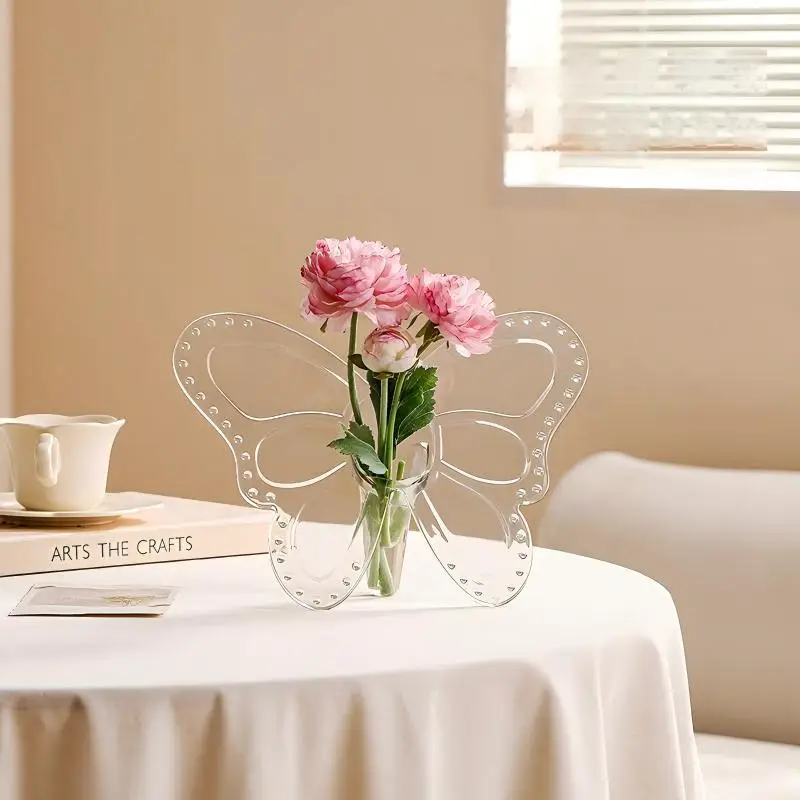 Ins Style Butterfly Shaped Clear Vase Plastic Frame Vase Water Plant Flower Vase Decoration Home Living Room Desktop Ornament
