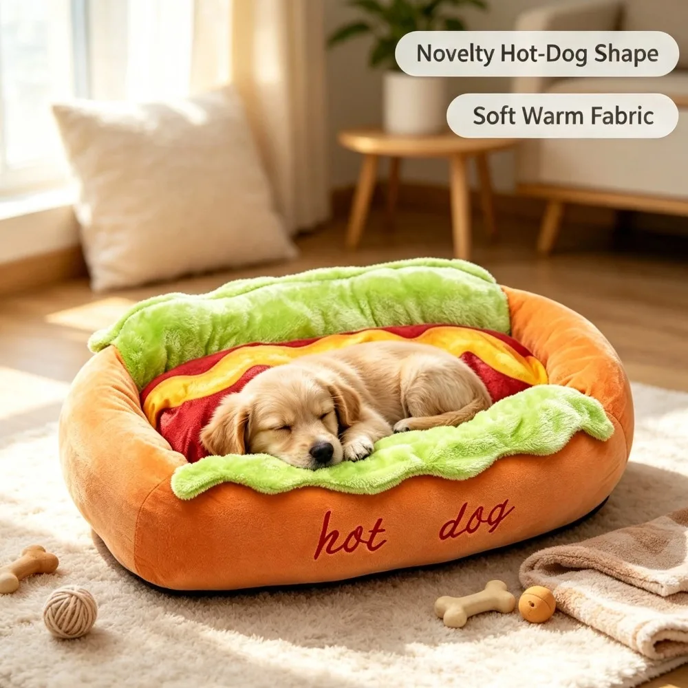 Hot‑Dog Shaped Pet Bed Warm Soft Lounger For Dog Cat Cozy Sleeping Cushion Funny Dog Cat Nest For Small Puppy Kitten Indoor Use