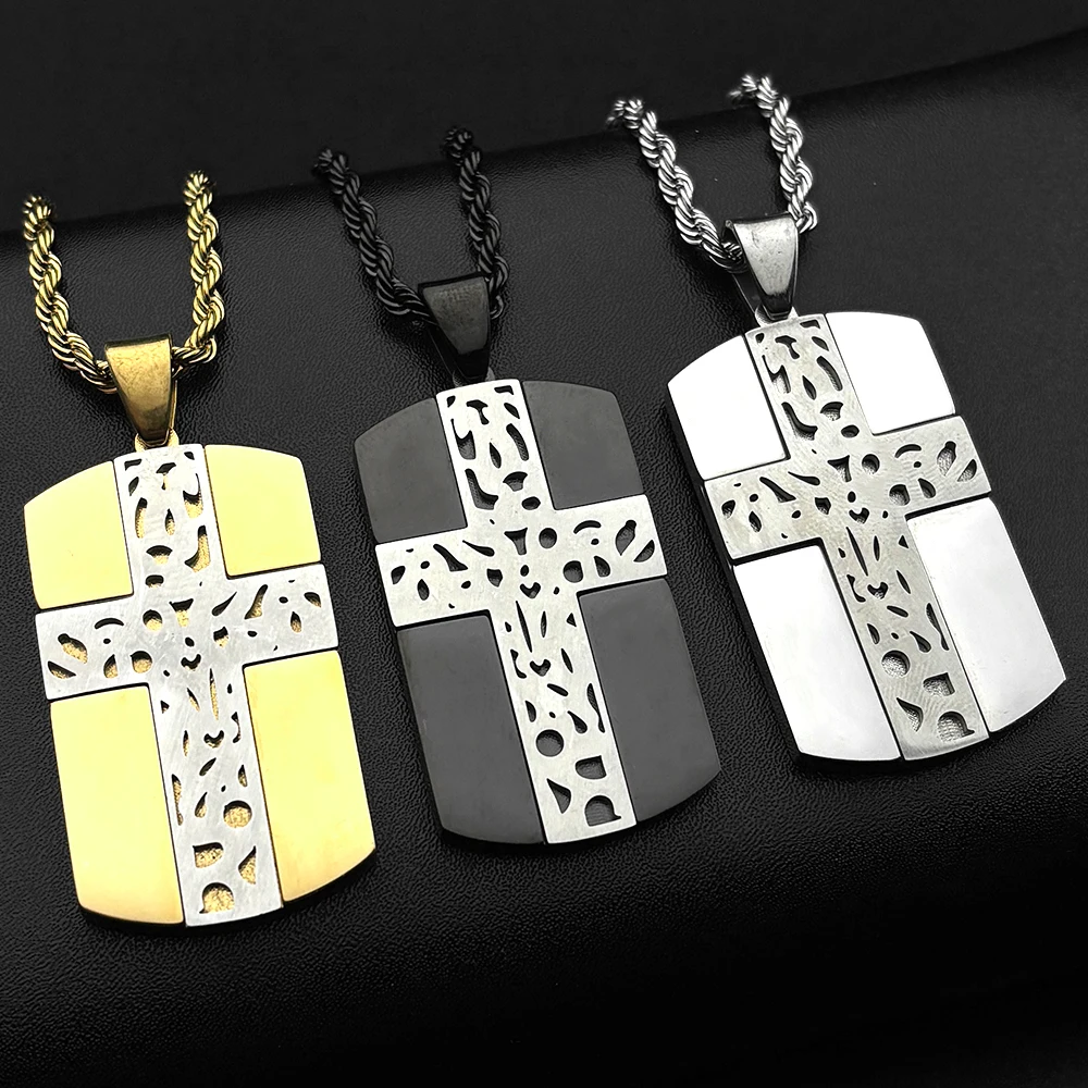 Stainless Steel Hollow Dog Tag Cross Pendant Necklace for Men Gold Color Chain Christian Geometric Hip Hop Chain Jewelry Gift