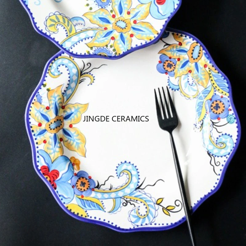 

1 шт., керамическая тарелка для стейка, нарисованная вручную, нерегулярная тарелка в стиле вестерн, подглазурная цветная тарелка для салата, керамическая тарелка, круглая/квадратная тарелка