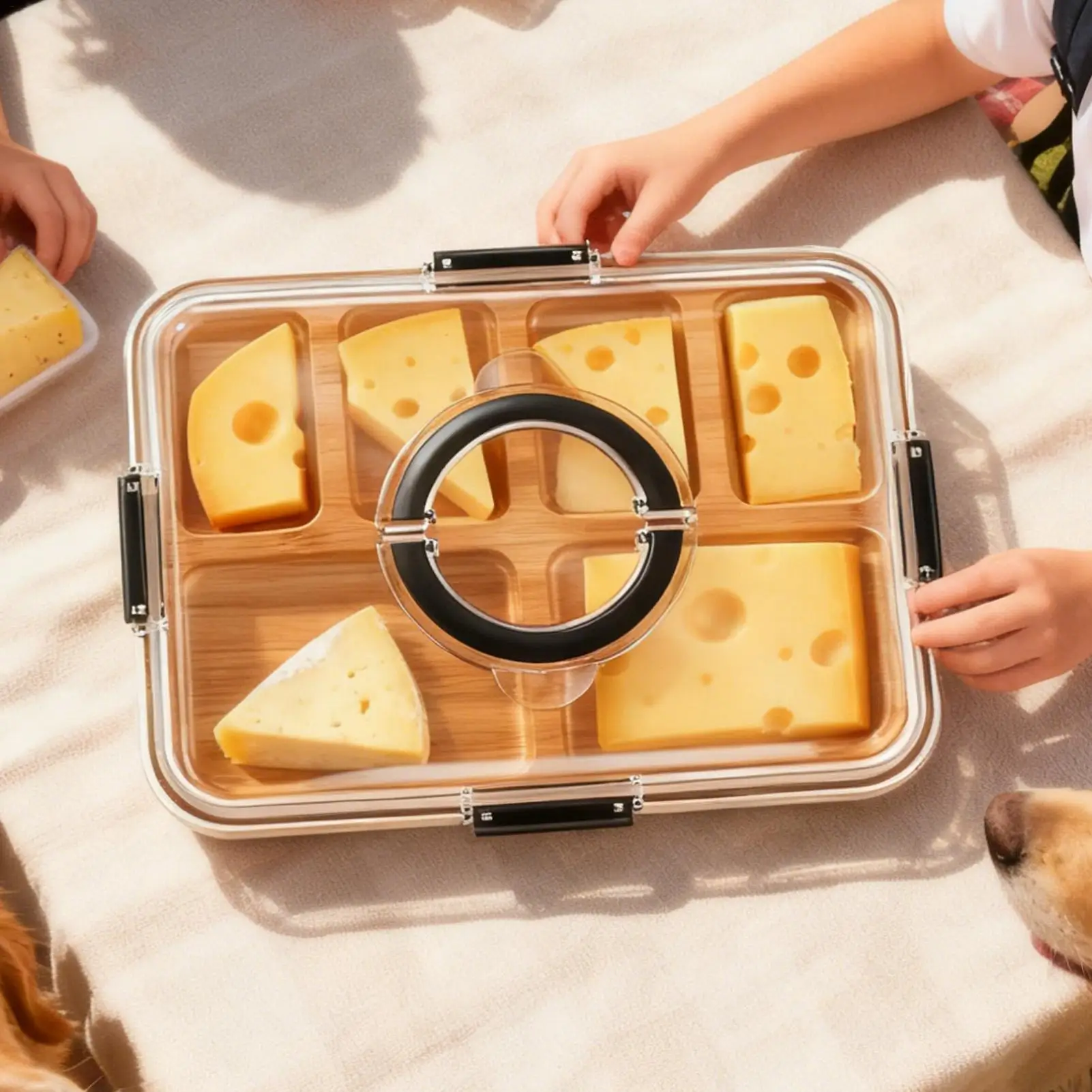 

Bamboo Cheese Tray Secure Snap-On Acrylic Lid Portable Recycled Wood Serving Platter Camping Parties Restaurants Charcuterie