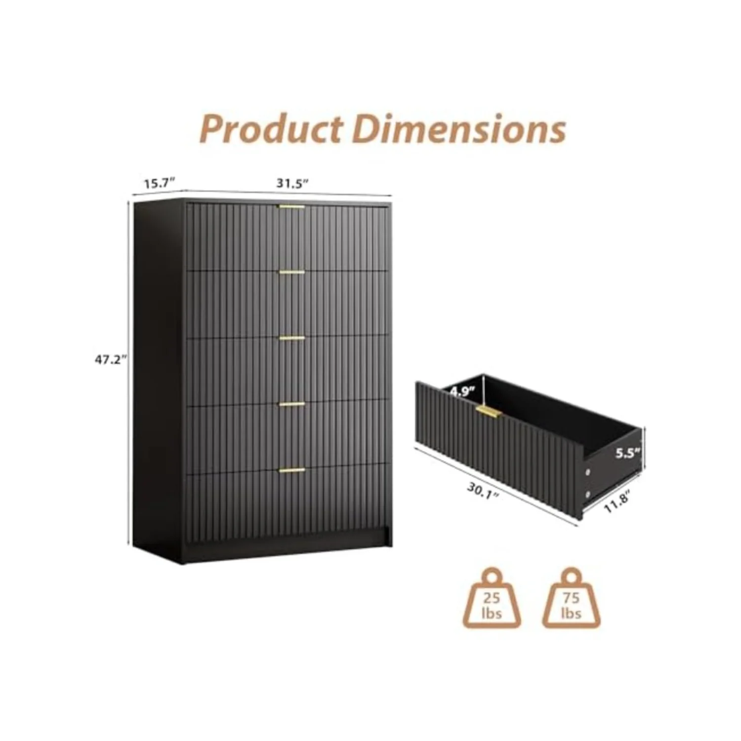 5 Drawer Dresser for Bedroom, Tall Dresser Chest of Drawers with Gold Handles, 32 Inch Wide Nightstand with for