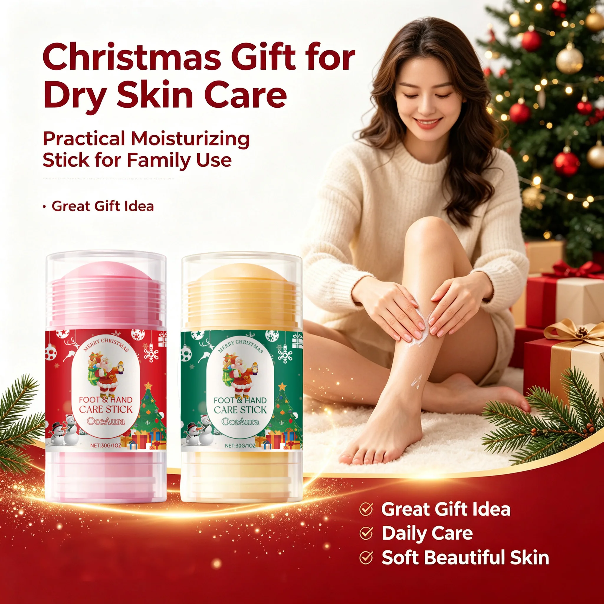 Christmas Urea Hand Foot Care Stick Anti-Crack Softening Moisturizing Balm for Dry Cracked Heels Elbows & Knees Gentle Exfoliati