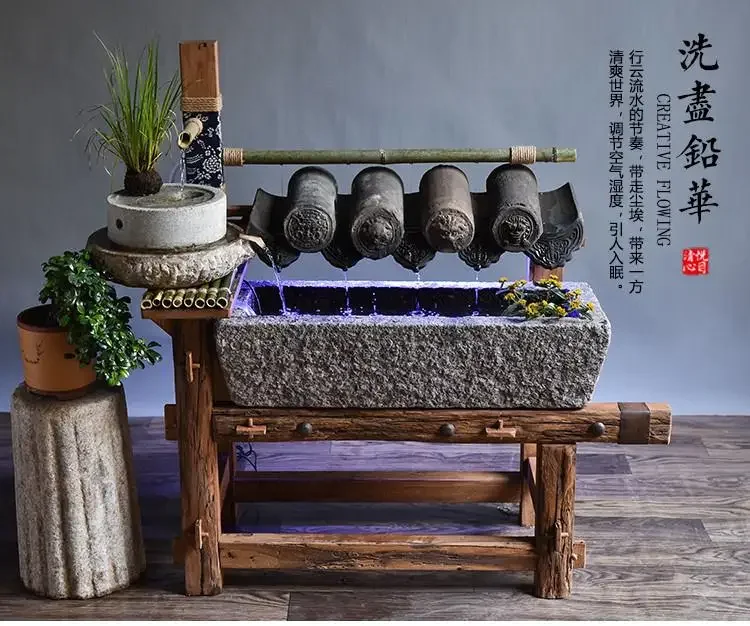 

Jiangnan stone tools, running water wooden frame, stone trough ornament combination, fish tank balcony water feature