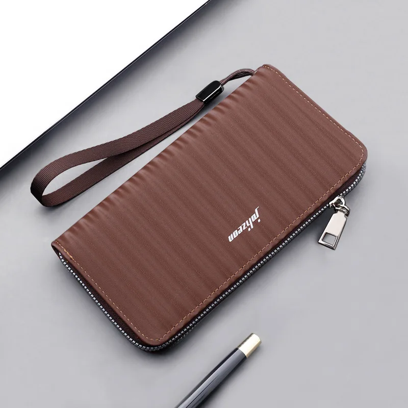 High Quality Striped PU Leather Men\'s Long Zipper Wallet New Handbag Wrist Strap Casual Mobile Bag Multi Card Purse Hot Sale