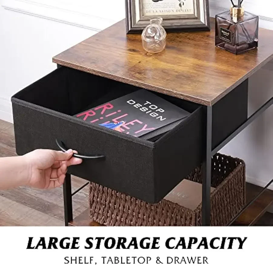 Nightstand Set of 2, End Table with Fabric Storage Drawer and Open Wood Shelf, Bedside Furniture Steel Frame,