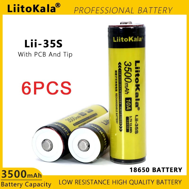 6PCS LiitoKala Lii-35S 18650 Battery 3.7V 3500mAh Recharge Lithium Battery Suitable for Flashlight PCB Protection