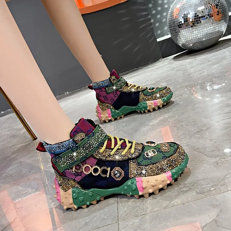 2024 spring new explosive durian water diamond daddy shoes female ins tide diamond single shoe thick sole