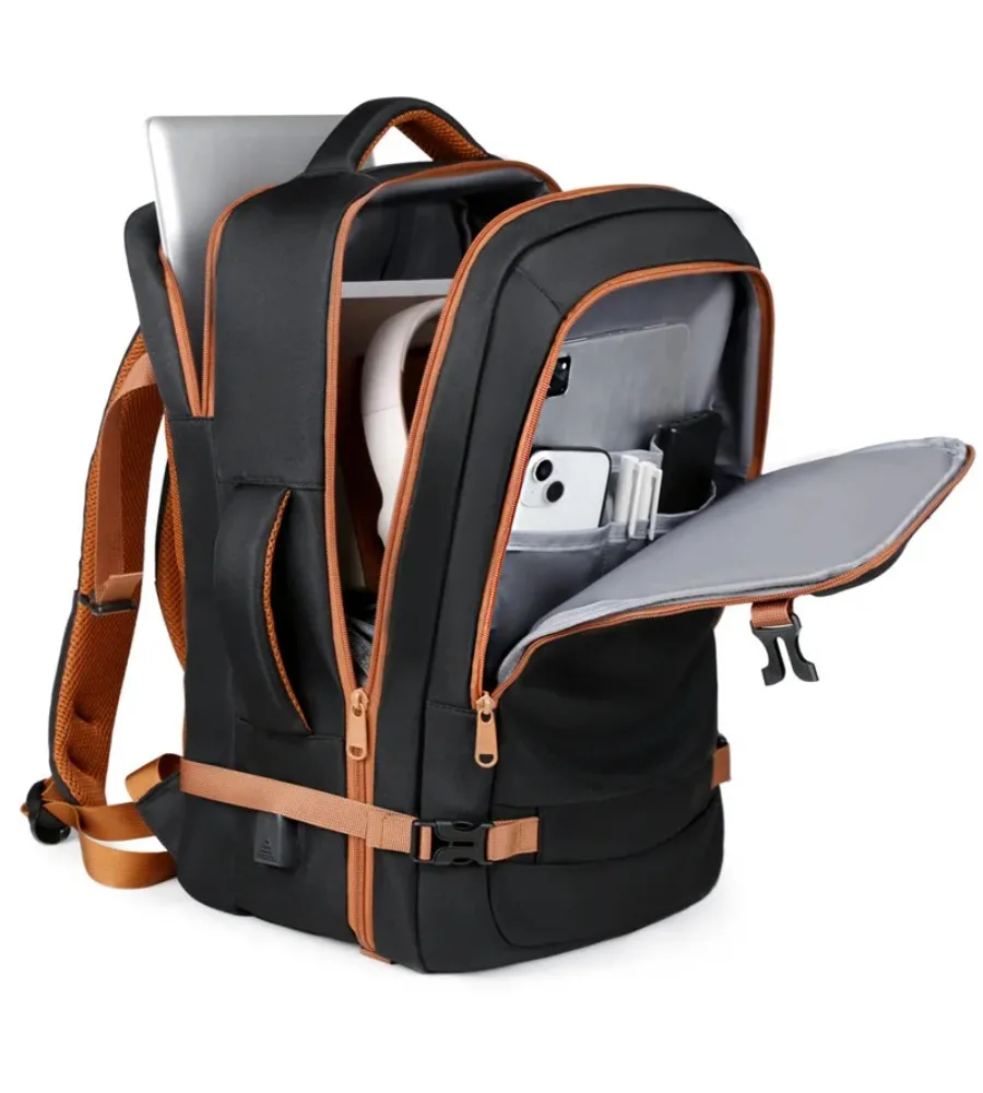 Features waterproof fabric and USB charging this expandable backpack works for men and women on business trips