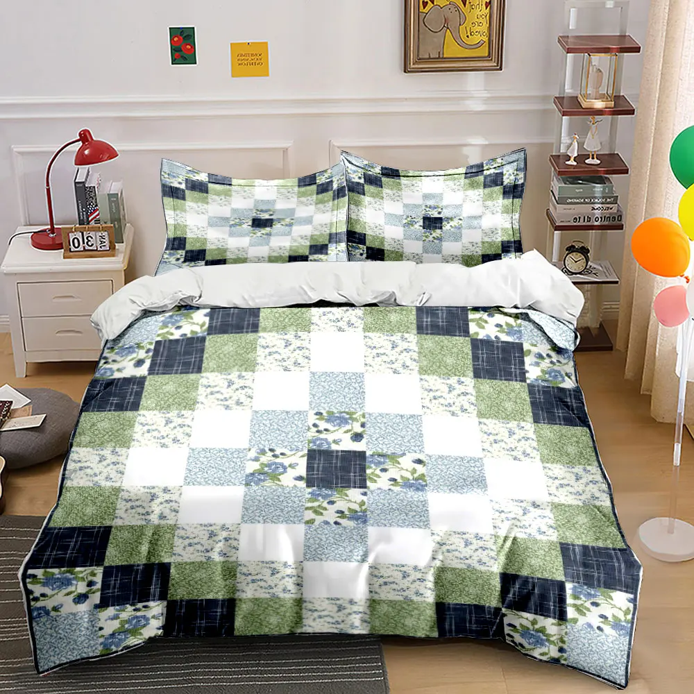 Vintage Blue Rose Patchwork Quilt Bedding Set, Country Floral Plaid Grid Print 1 Duvet Cover 2 Pillowcase, Home Decor, Gift