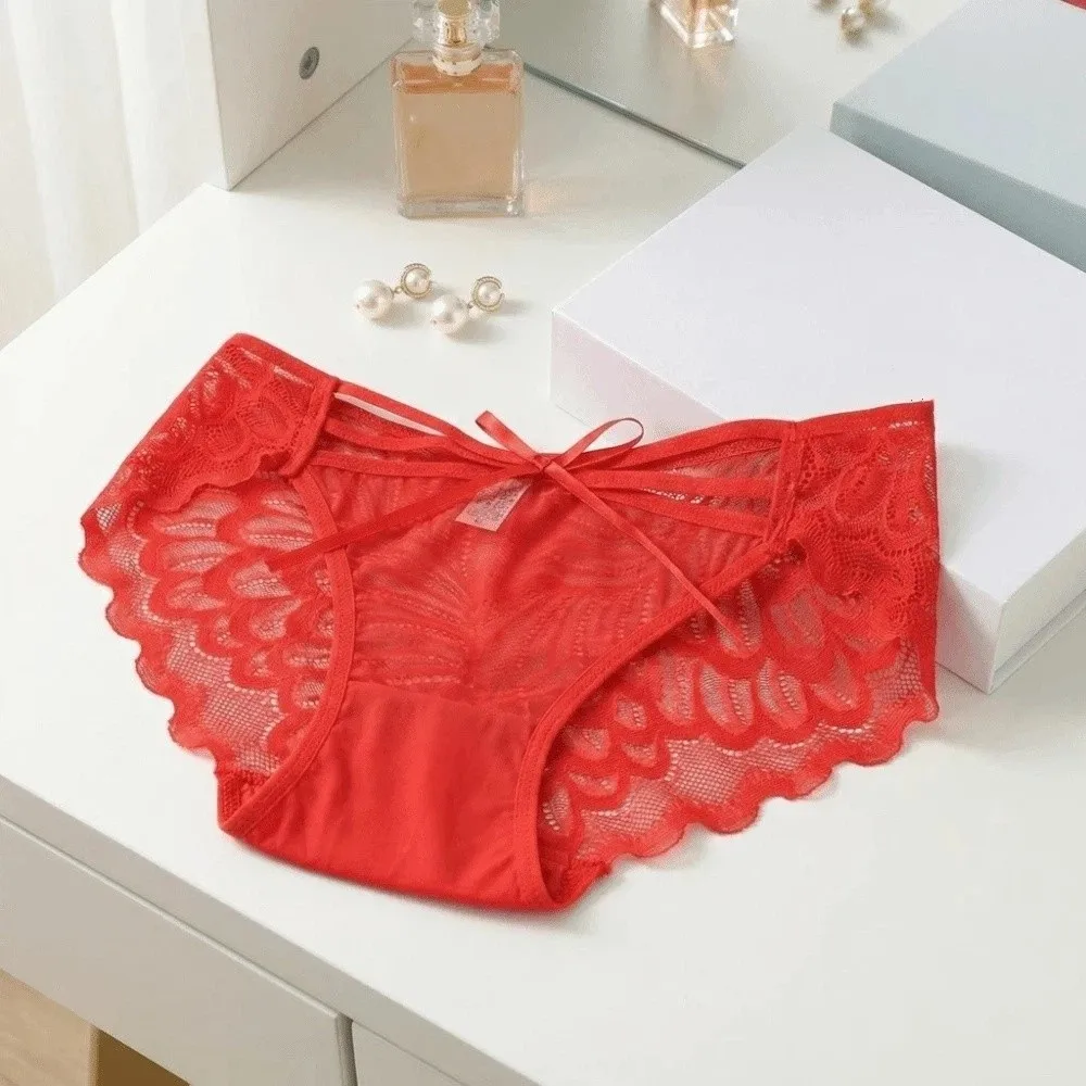 Breathable Low Waist Lace Panties Transparent Cotton Crotch Mesh Flower Briefs Bow Lingerie Lace Thin Underwear Girl