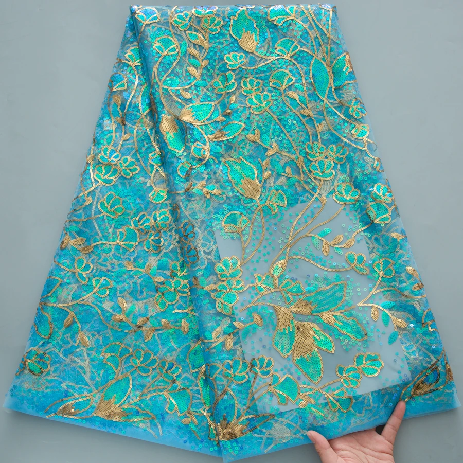 Blauer afrikanischer Pailletten-Mesh-Spitzenstoff, Stickerei, Tüll-Spitze, 5 Yards, goldenes Blumenmuster für Hochzeitskleider und formelle Kleidung ​