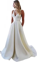 Spaghetti Strap Open Back Wedding Dresses Satin Simple Style Prom Dress V Neck Evening Gown Formal Party Dress with Bow