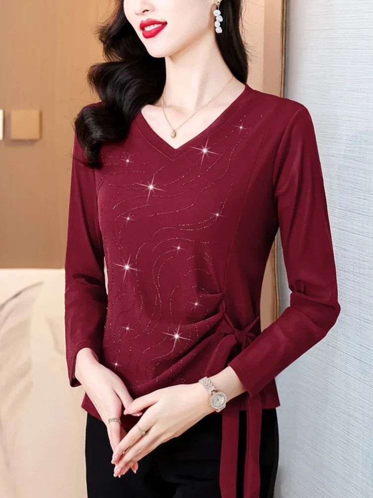 Autumn New Elastic Mesh Long Sleeved With Versatile Temperament, Slimming And Drawstring Design, Solid Color Rhinestone V-Neck