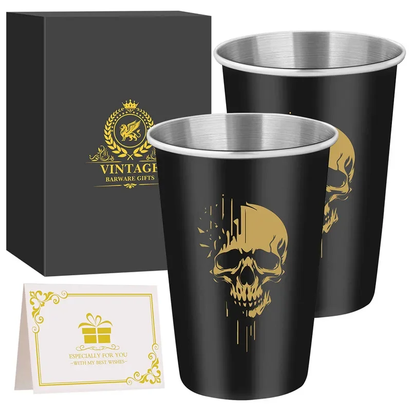 2Pcs/set Skull Head Stainless Steel Beer Cup Metal Kitchen Bar Large Drinking Mug Tumbler Events Wedding Gift Set Bar Accessory