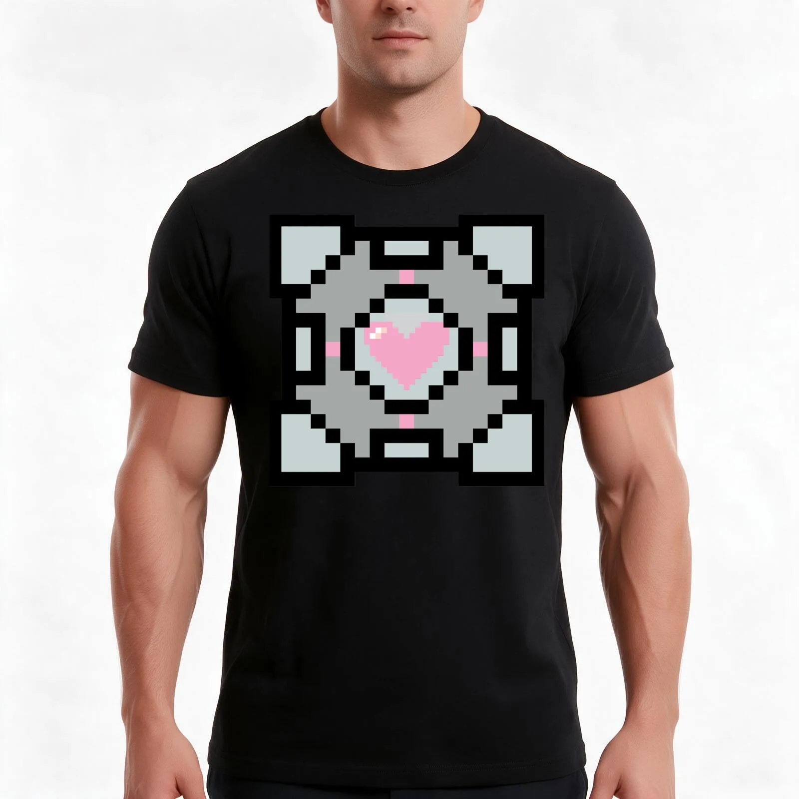 Pixel Companion Cube T-Shirt, Summer Casual Cotton Tee, Oversized Streetwear Tops, Vintage Graphic Print, Loose Fit Short Sleeve