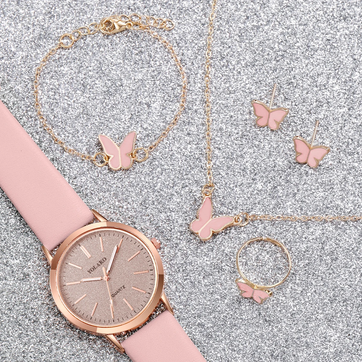 ساعة يد نسائية من الكوارتز بسماء مرصعة بالنجم ، طقم مجوهرات فراشة ، سوار جلدي ، ساعات نسائية ، بدون صندوق ، موضة ، 5 من كل مجموعة