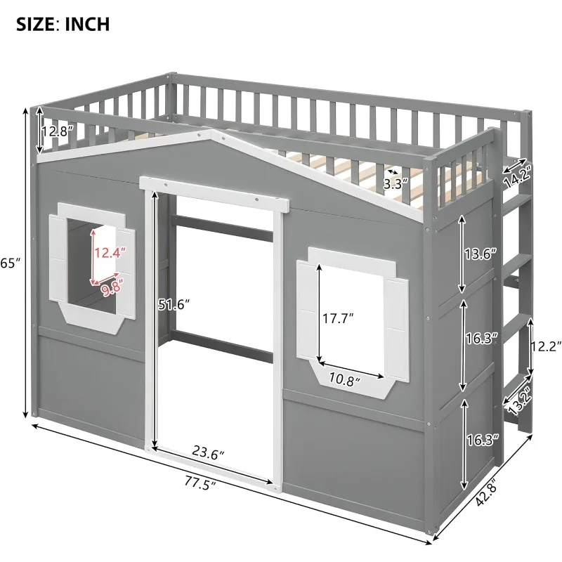 Wood House Loft Bed with Ladder, Kids Playhouse Bed with Window for Girls Boys