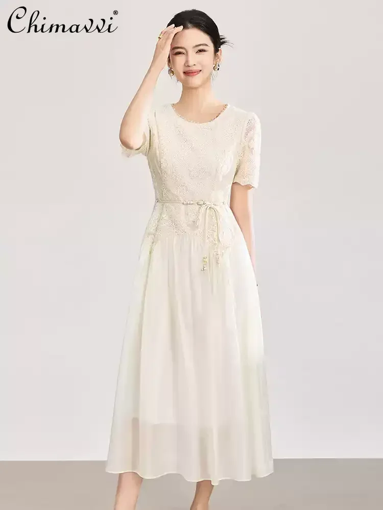 

2026 Summer French Fairy Style Elegant Long Dress Round Neck Short Sleeve Embroidered Beaded High Waist Temperament Dress Women