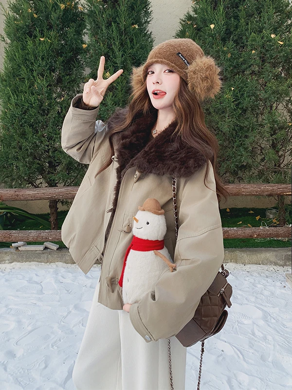캐주얼 슬레 여성용 파카 재킷 2025년 겨울 신상 따뜻한 대형 퍼 칼라 코트 버튼 클로저