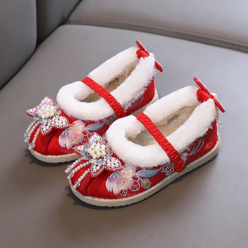 Kids Princess Embroidery Shoes Girls Winter Warm Cotton Shoes Traditional Chinese Style Children Hanfu Performance Flats Shoes