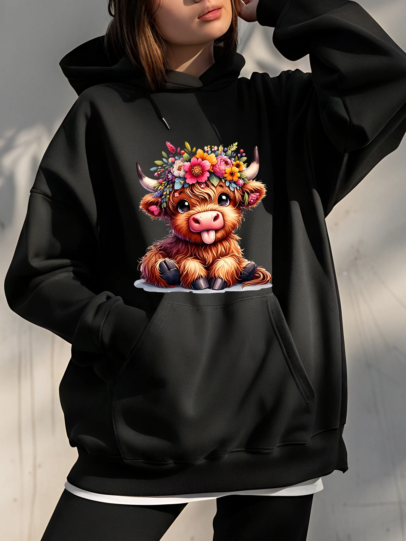 

Милый бык с цветочной короной, толстовка с капюшоном, женская повседневная уличная толстовка с графическим рисунком, модный наряд