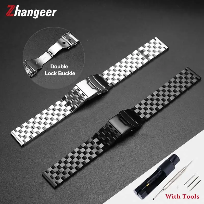 18 20 22 24 26mm Width Universal Solid Full Stainless Steel Watch Band Flat Interface Double Lock Buckle Black Strap With Tools