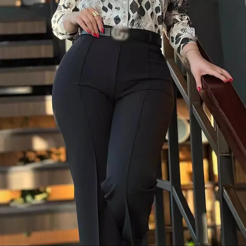 New Women's Fashion High Waist With Belt Solid Color Straight Leg Casual Pants Slimming Comfort All-match Commute Suit Trousers